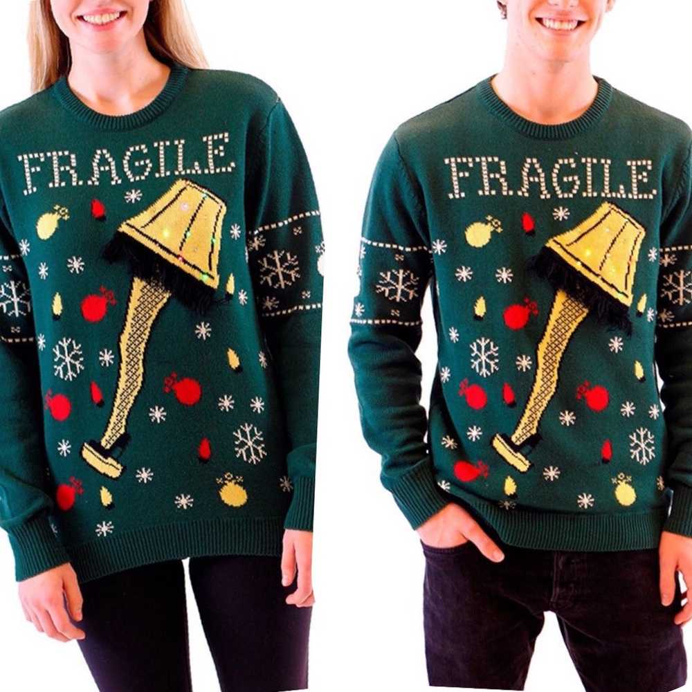 A Christmas Story Fragile Leg Lamp Light Up Green Ugly Christmas Sweater